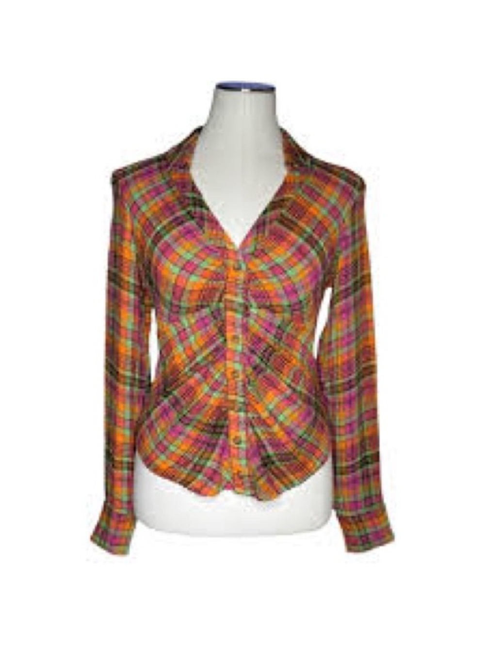 Anthropologie Pilcro Ruched Deep V-Neck Plaid Flannel Shirt Small EUC